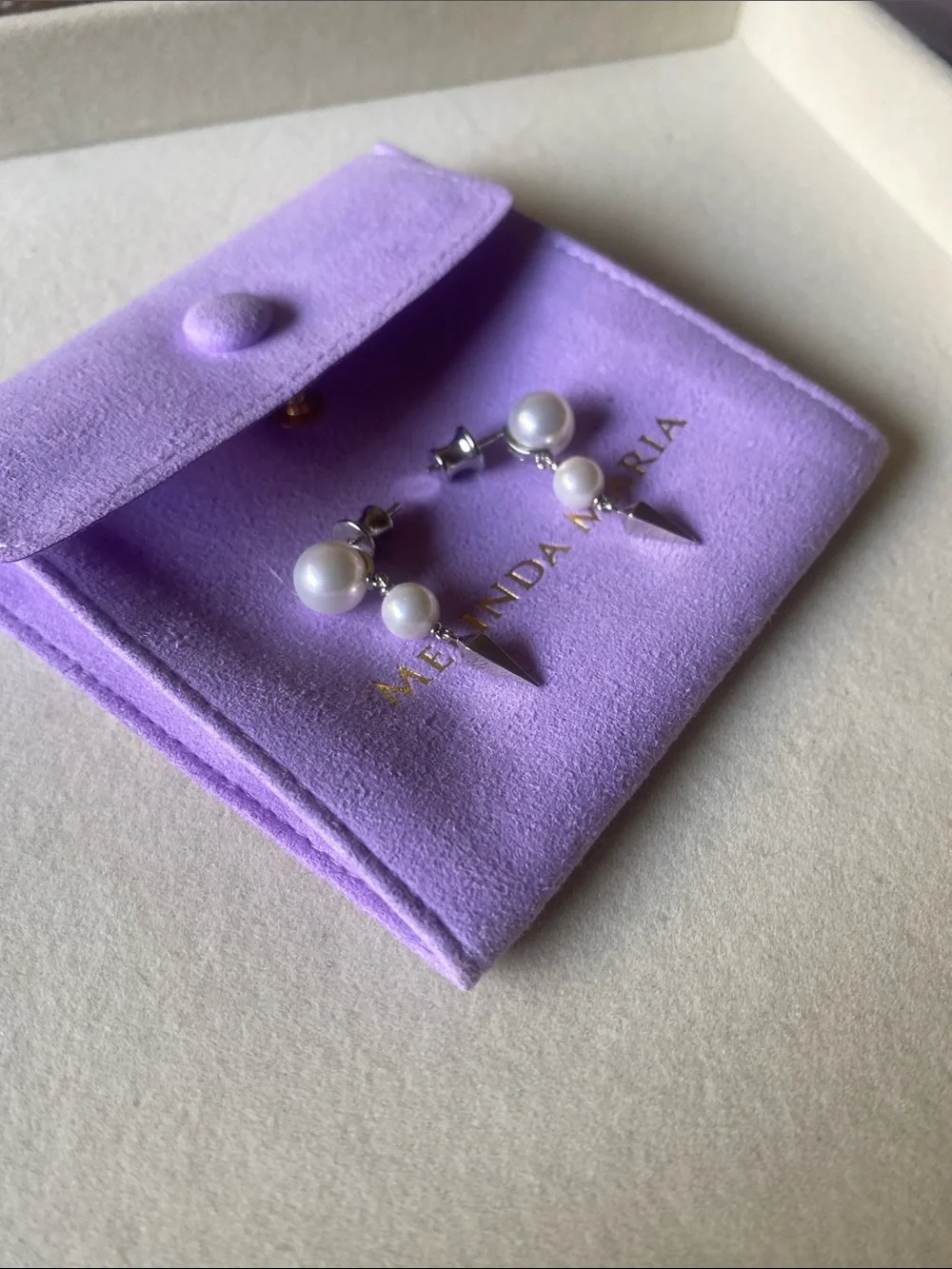 Melinda Maria Lavender Pearl Spike Earrings with Silver Spikes